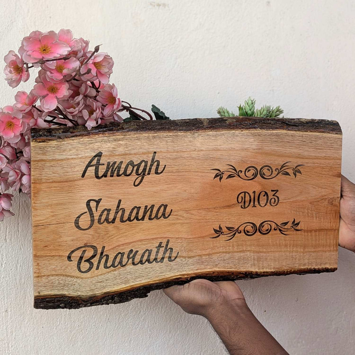 Rustic Natural Wood Name Plate with Planter | Live Edge Door Nameplate with Plant Holder
