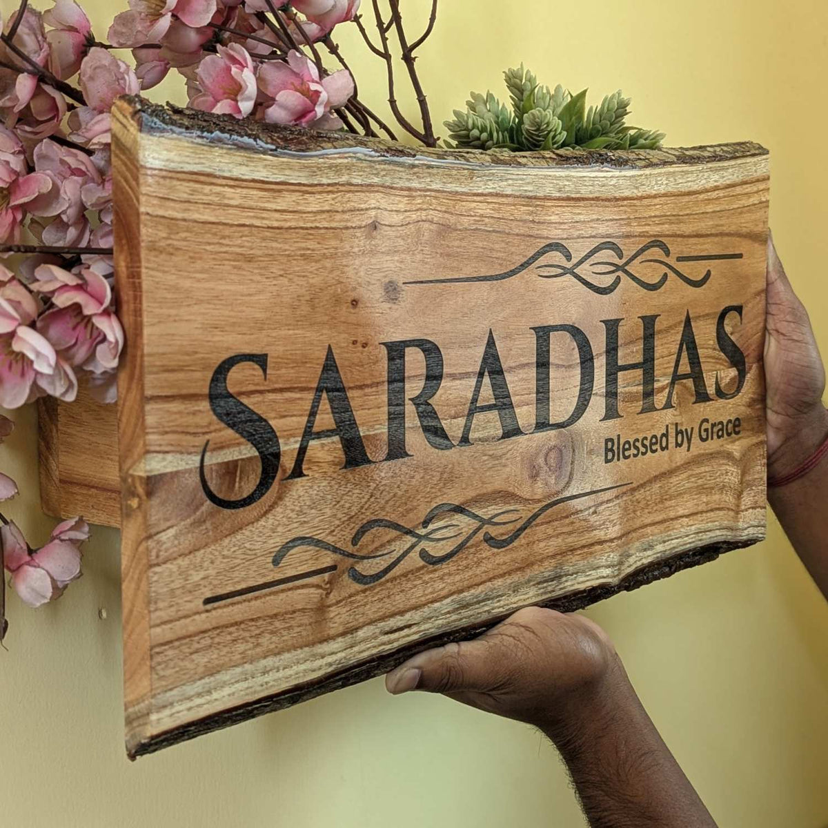 Rustic Natural Wood Name Plate with Planter | Live Edge Door Nameplate with Plant Holder