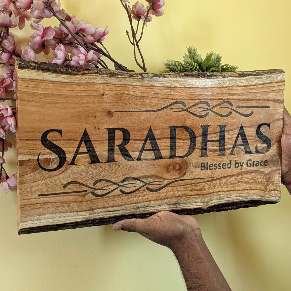Rustic Natural Wood Name Plate with Planter | Live Edge Door Nameplate with Plant Holder