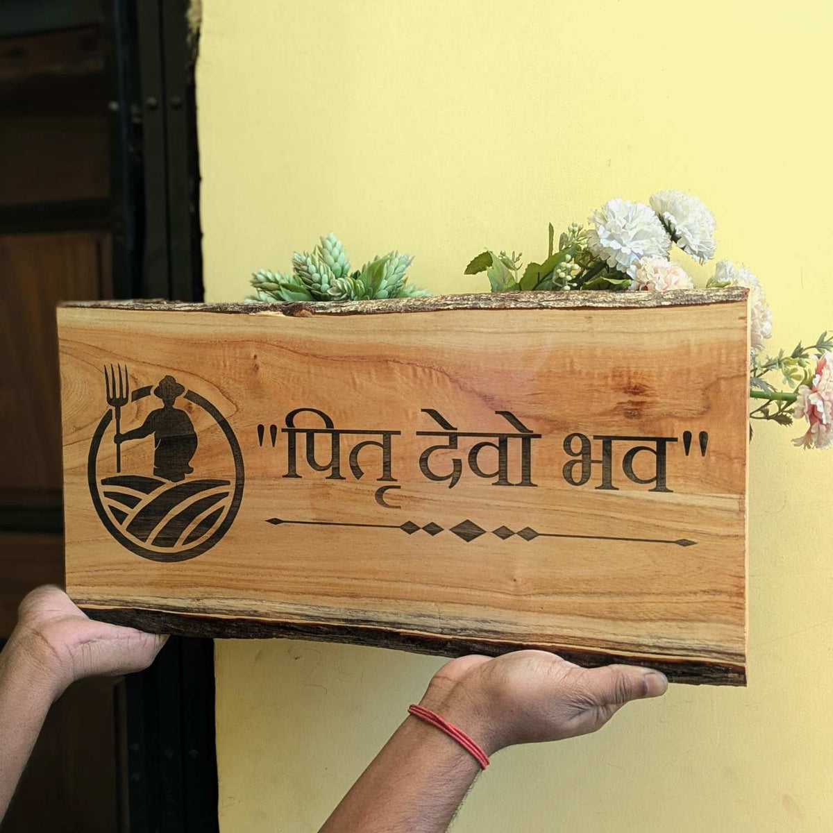 Rustic Natural Wood Name Plate with Planter | Live Edge Door Nameplate with Plant Holder