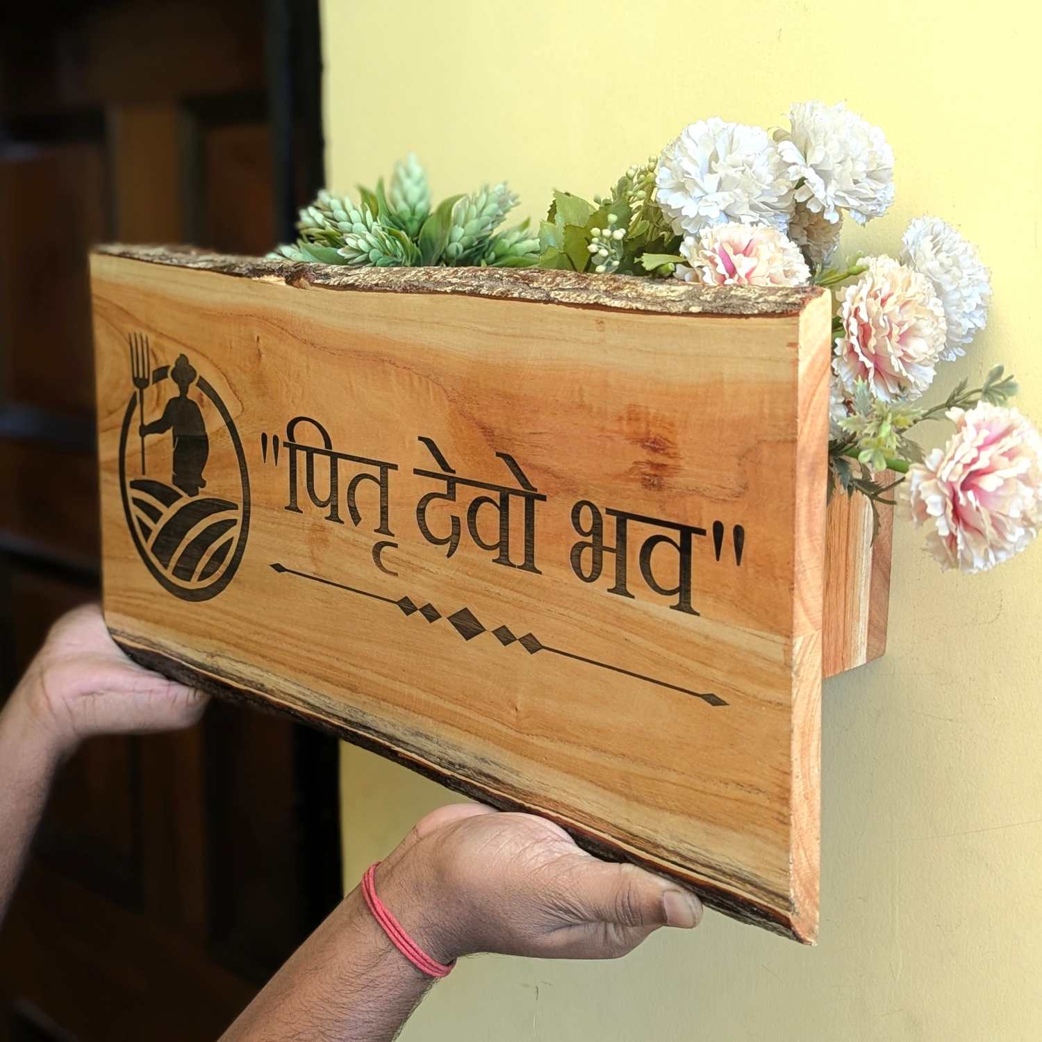 Rustic Natural Wood Name Plate with Planter | Live Edge Door Nameplate with Plant Holder