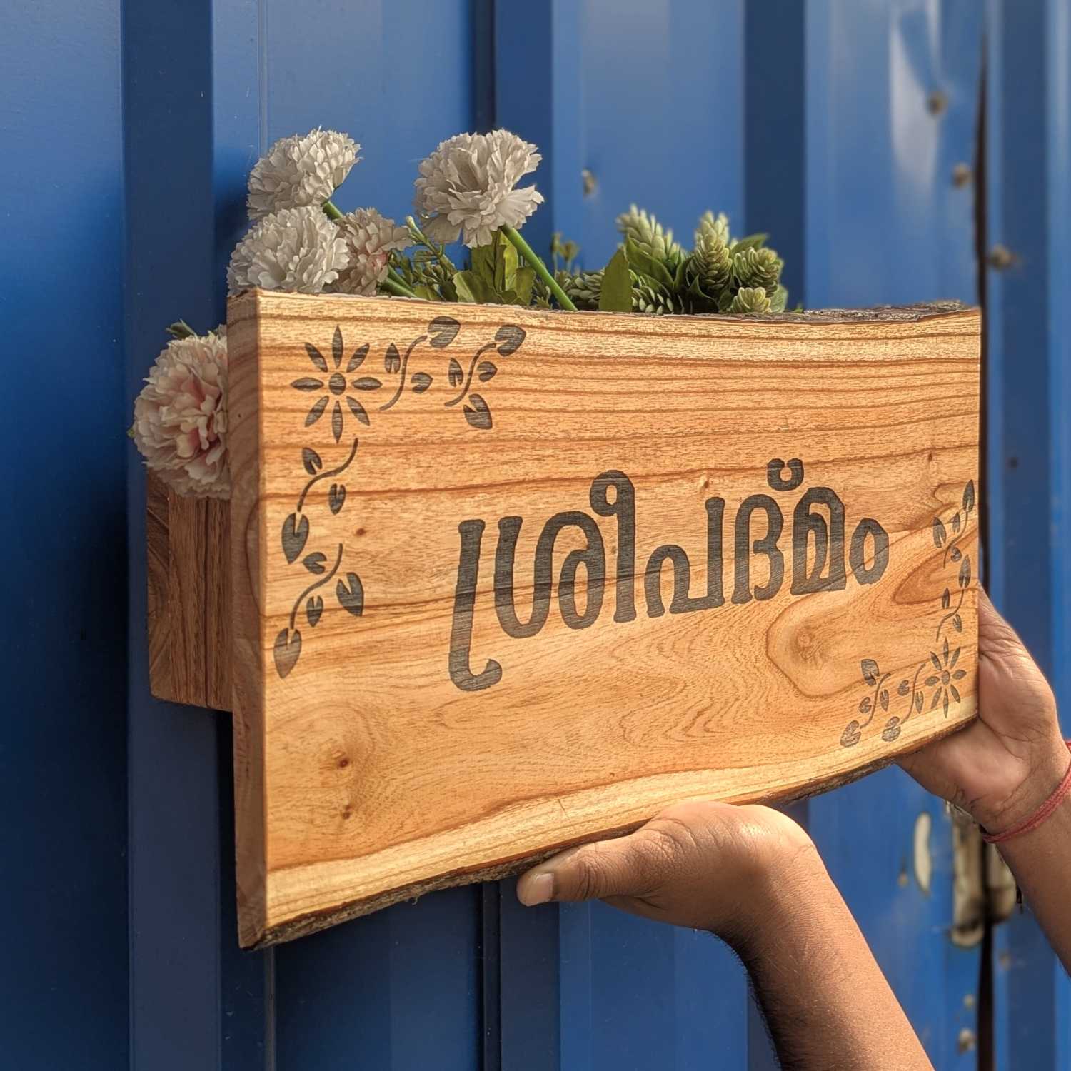 Rustic Natural Wood Name Plate with Planter | Live Edge Door Nameplate with Plant Holder