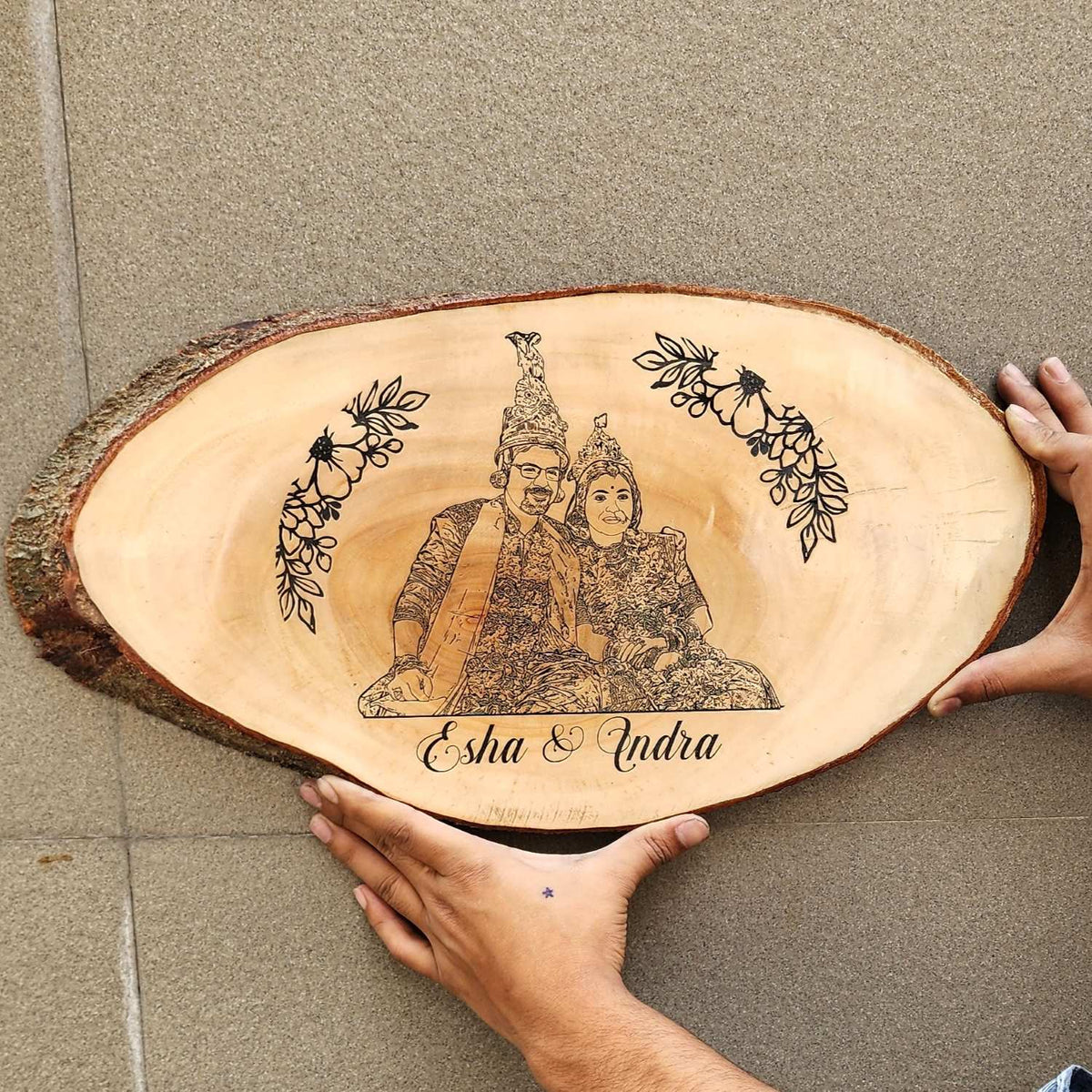 Photo Engraved Rustic Wood Sign With Natural Bark | Customised Wood Nameplate