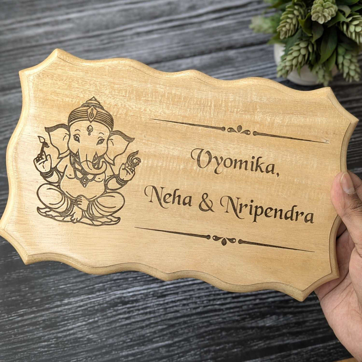 Divine Elegance Engraved Wooden Nameplate | Custom Home Sign with Flat Number