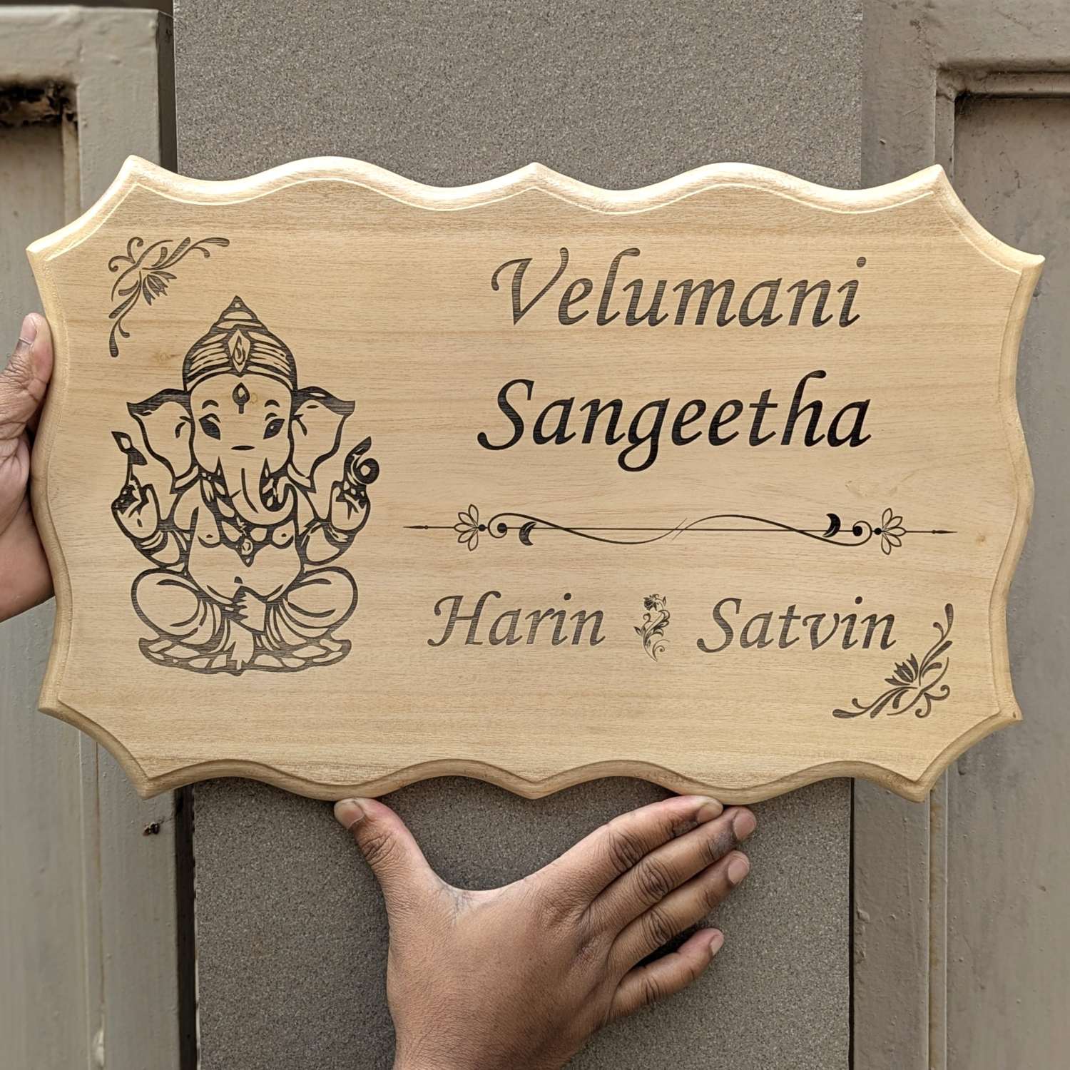 Divine Elegance Engraved Wooden Nameplate | Custom Home Sign with Flat Number