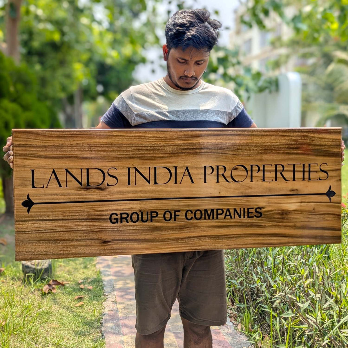Custom Rectangular Teak Wood Sign for Villa &amp; Office Entrance | Large Wood Signs