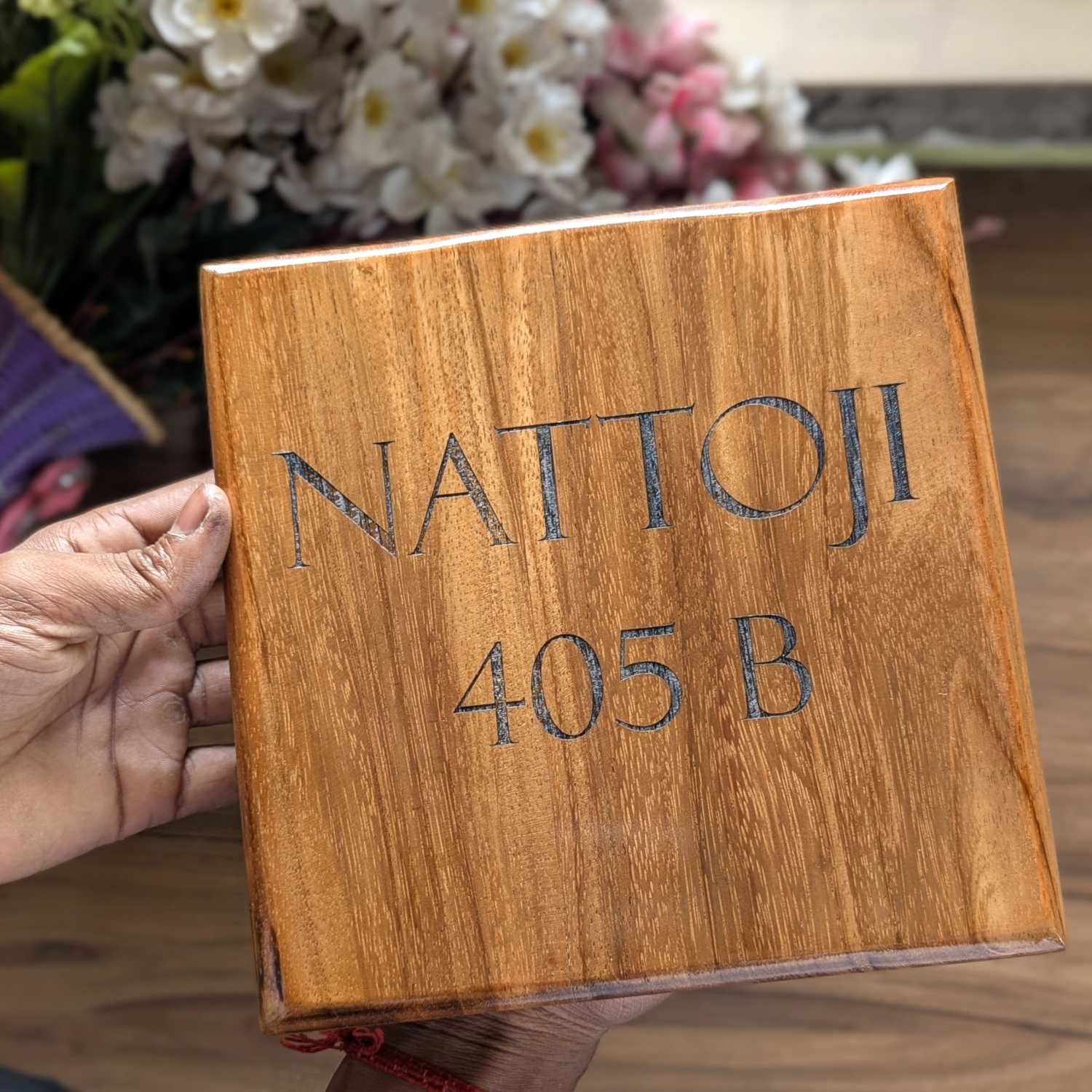 Premium Square Teak Wood Name Plate | Custom Office, Flat, or House Name Sign