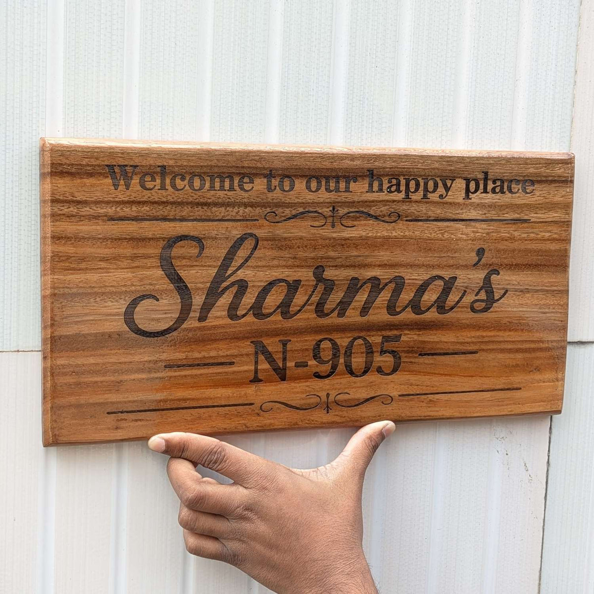 Luxury Teak Wood Engraved Wooden House Nameplate Designed for Premium Homes