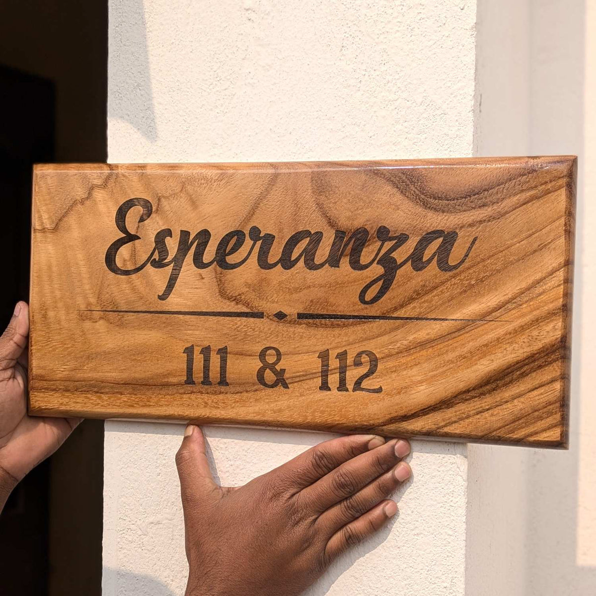 Luxury Teak Wood Engraved Wooden House Nameplate Designed for Premium Homes