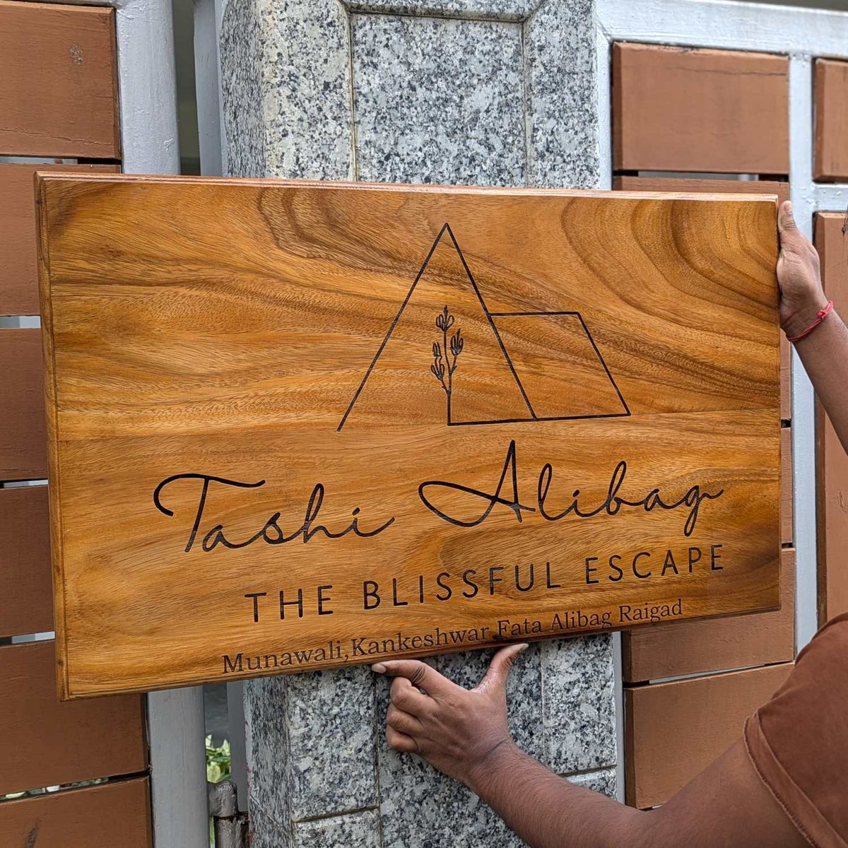 Custom Rectangular Teak Wood Sign for Villa &amp; Office Entrance | Large Wood Signs