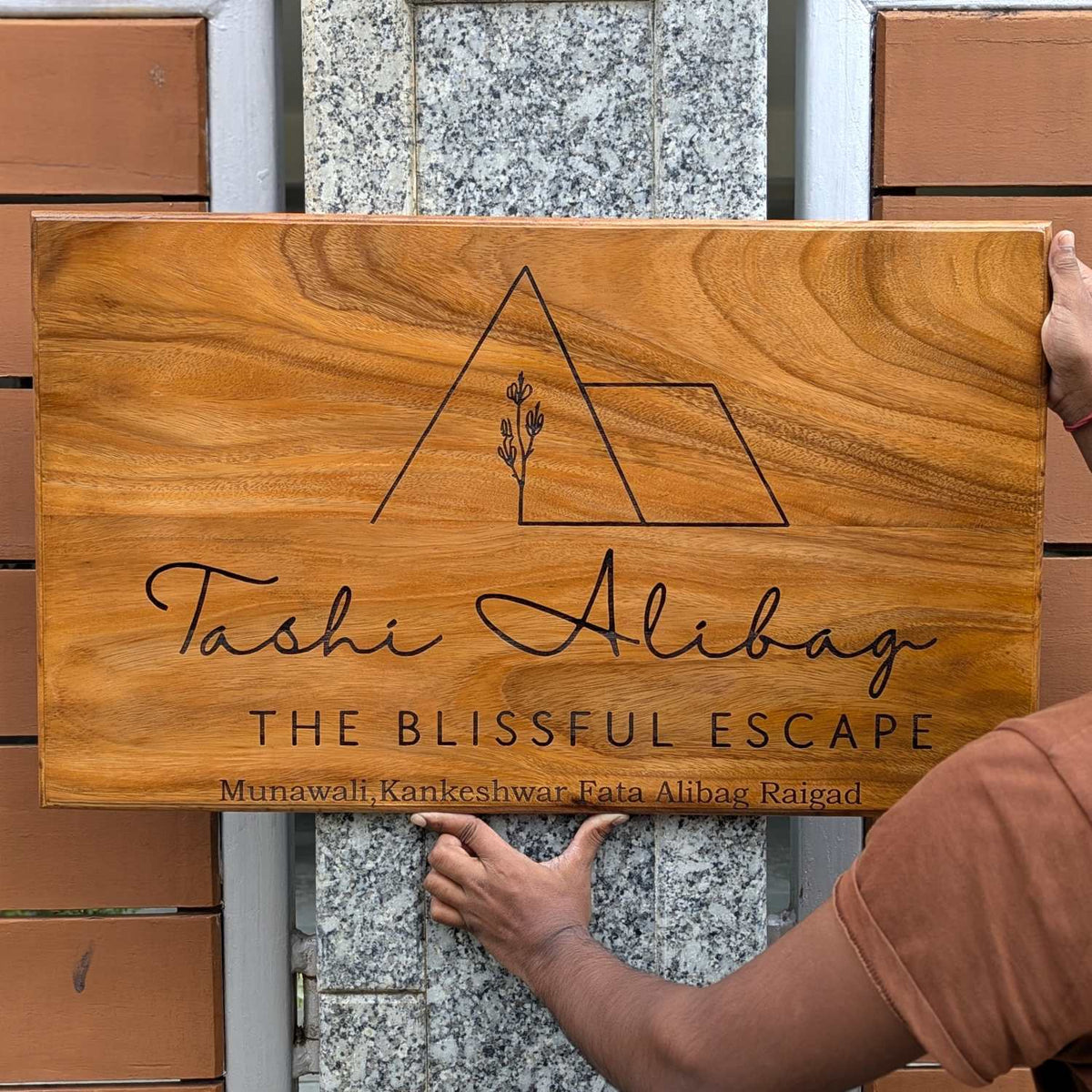 Custom Rectangular Teak Wood Sign for Villa &amp; Office Entrance | Large Wood Signs