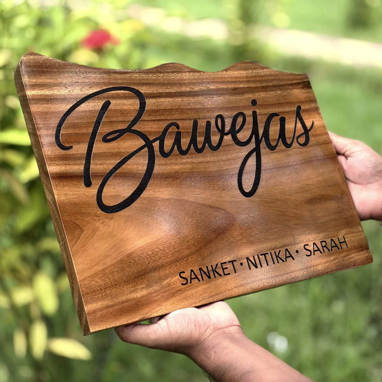 Custom Mountain Shape Live Edge Teak Wood Home Sign