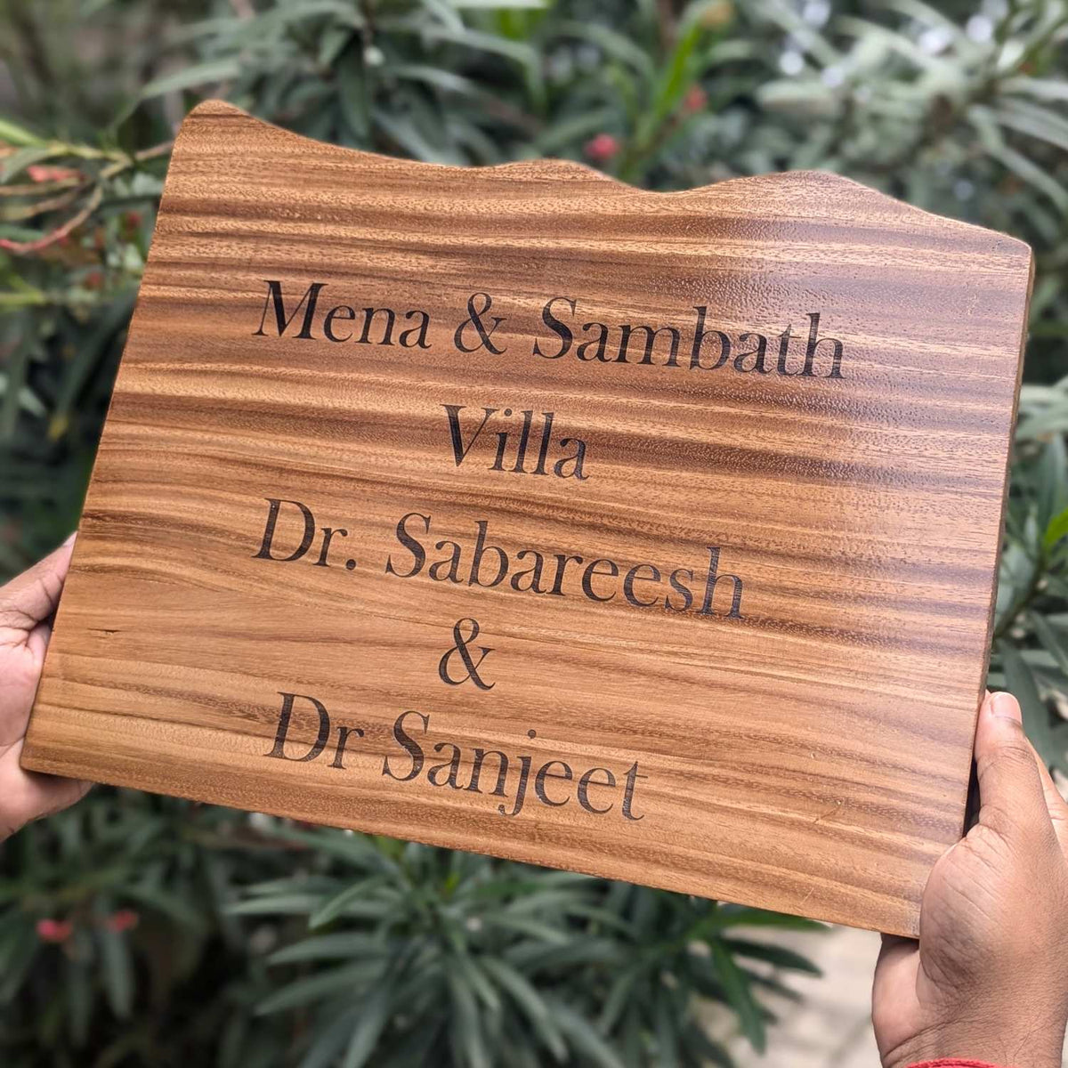 Custom Mountain Shape Live Edge Teak Wood Home Sign