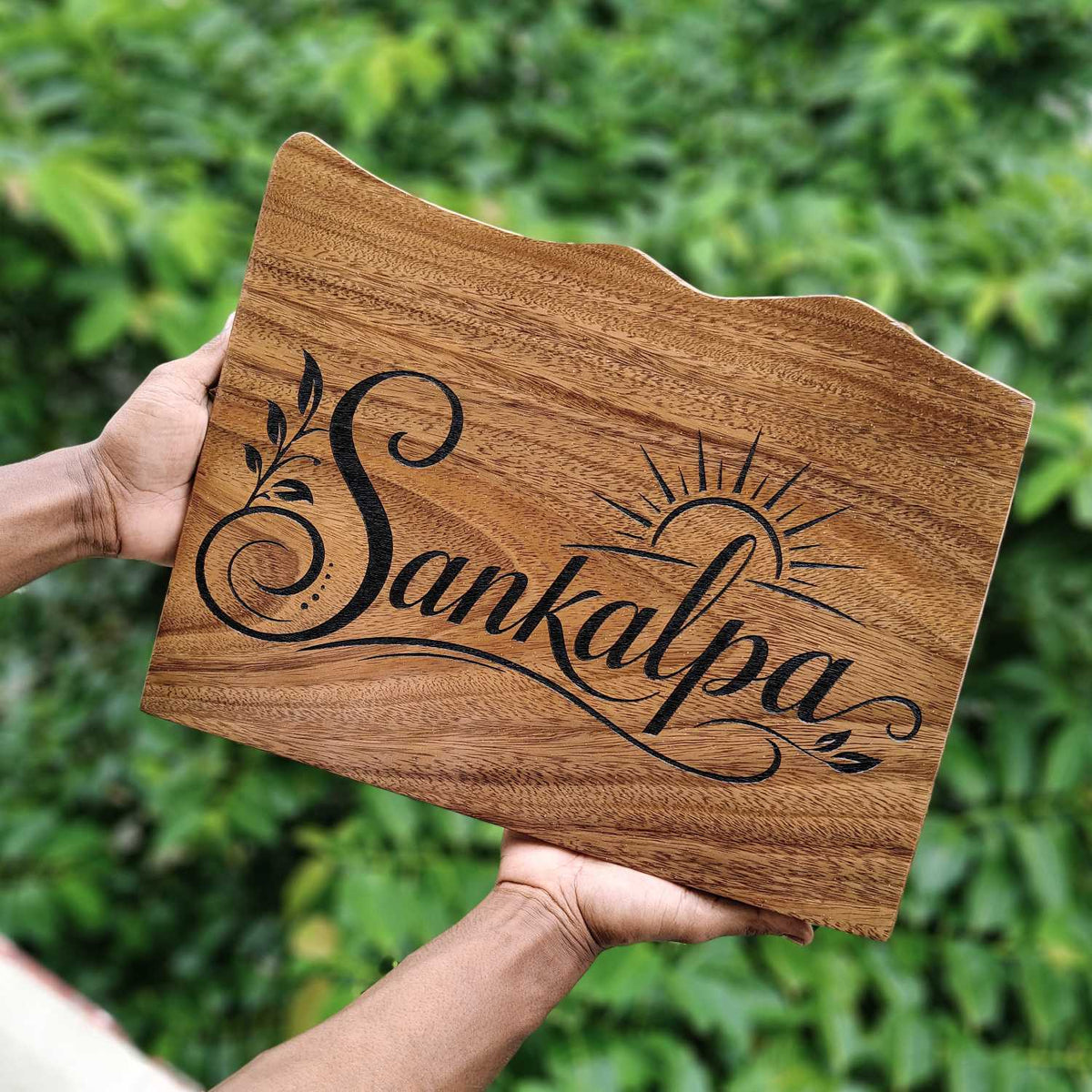 Custom Mountain Shape Live Edge Teak Wood Home Sign
