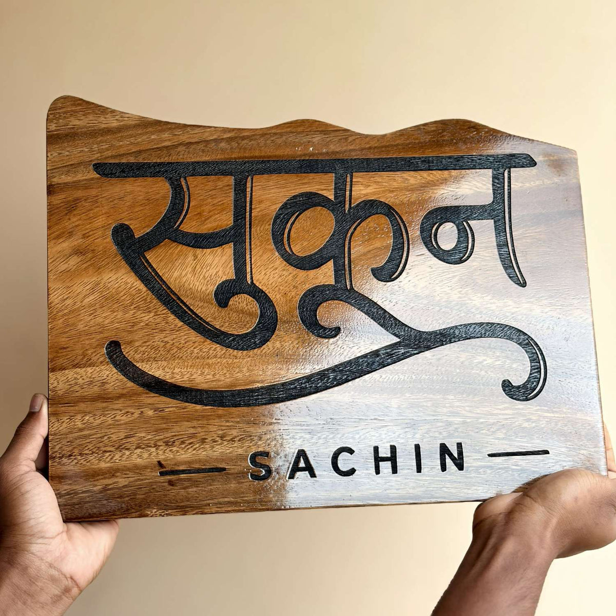 Custom Mountain Shape Live Edge Teak Wood Home Sign