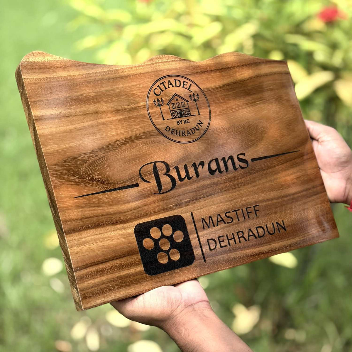 Custom Mountain Shape Live Edge Teak Wood Home Sign