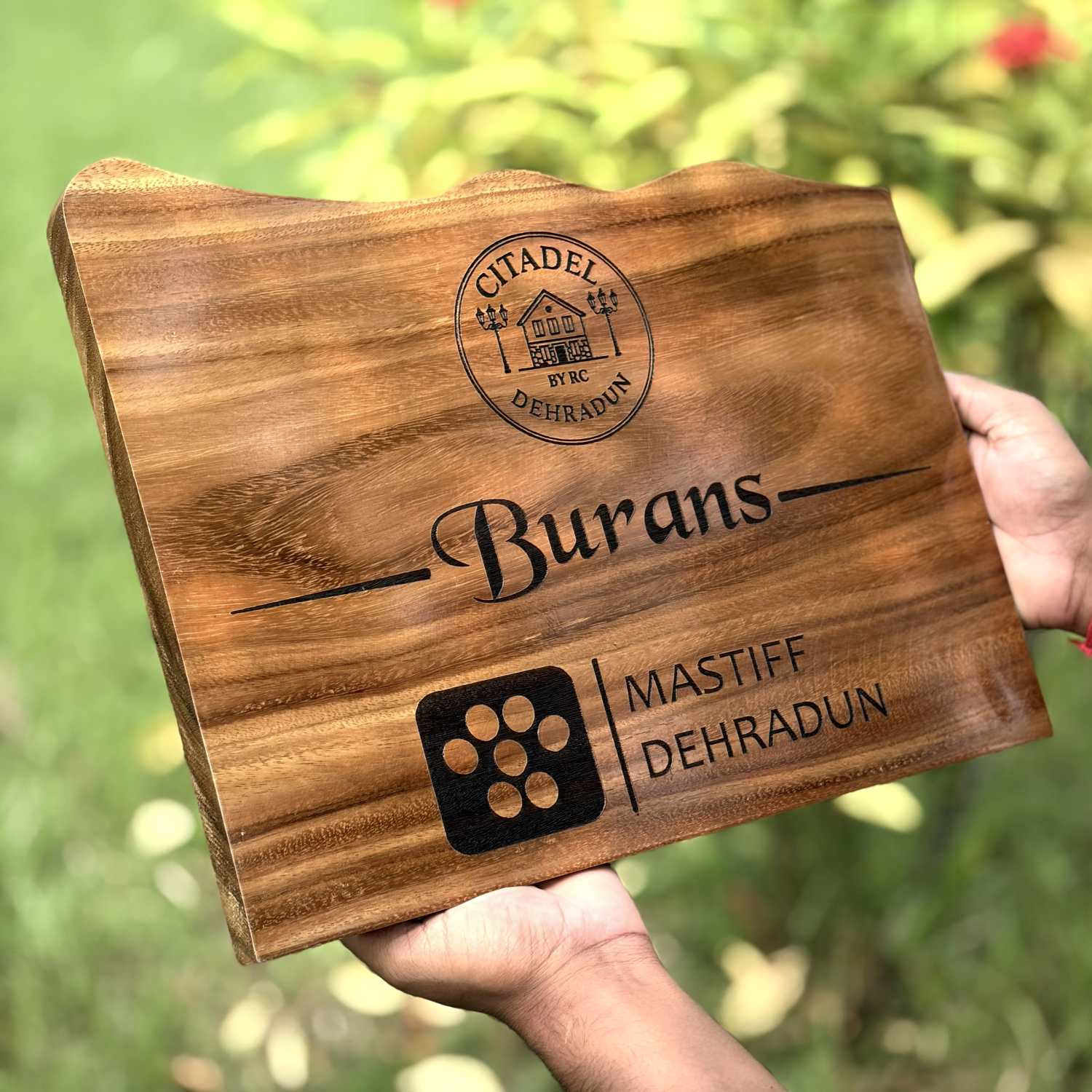 Custom Mountain Shape Live Edge Teak Wood Home Sign