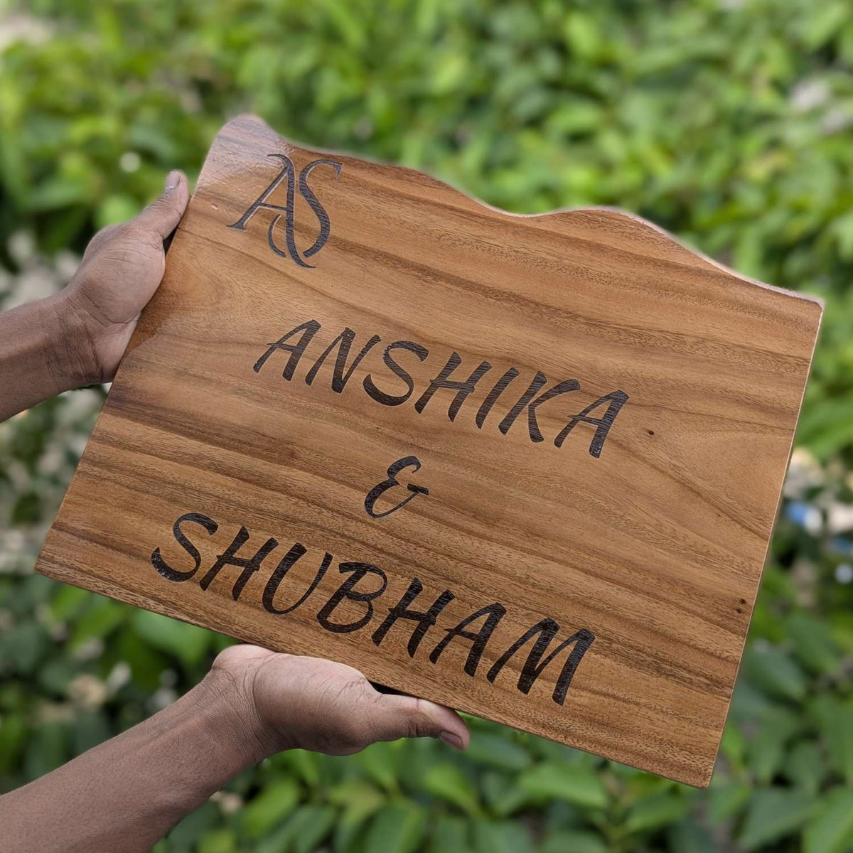 Custom Mountain Shape Live Edge Teak Wood Home Sign