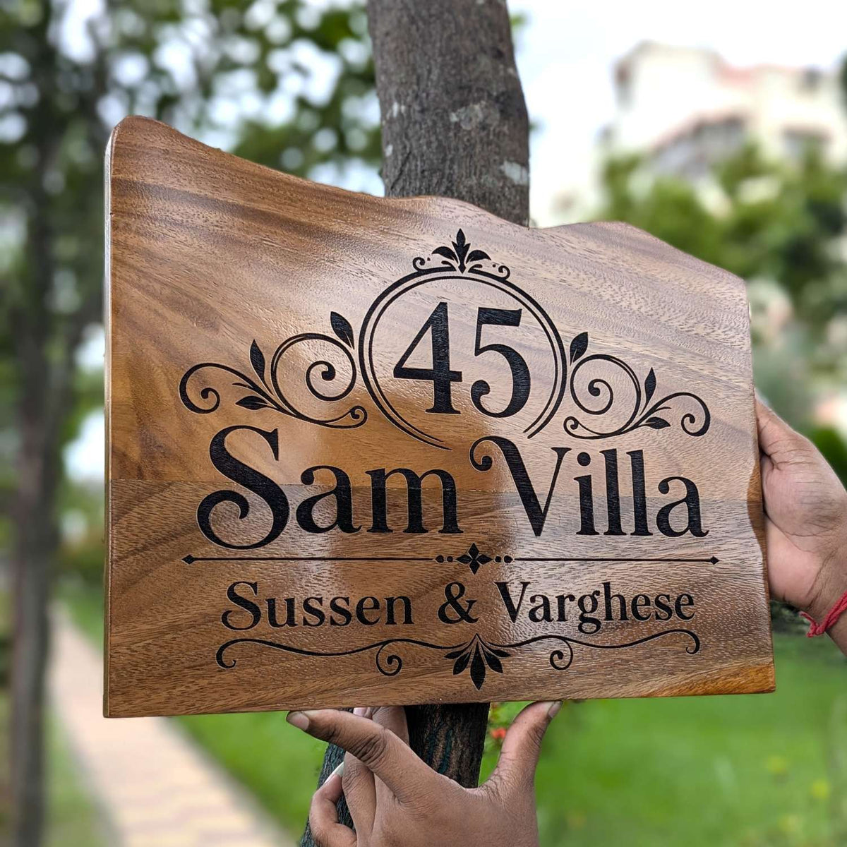 Custom Mountain Shape Live Edge Teak Wood Home Sign