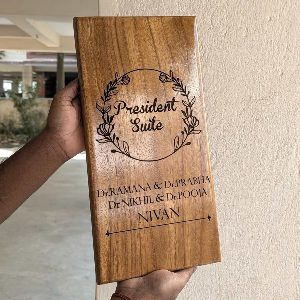 Luxury Teak Wood Engraved Wooden House Nameplate Designed for Premium Homes