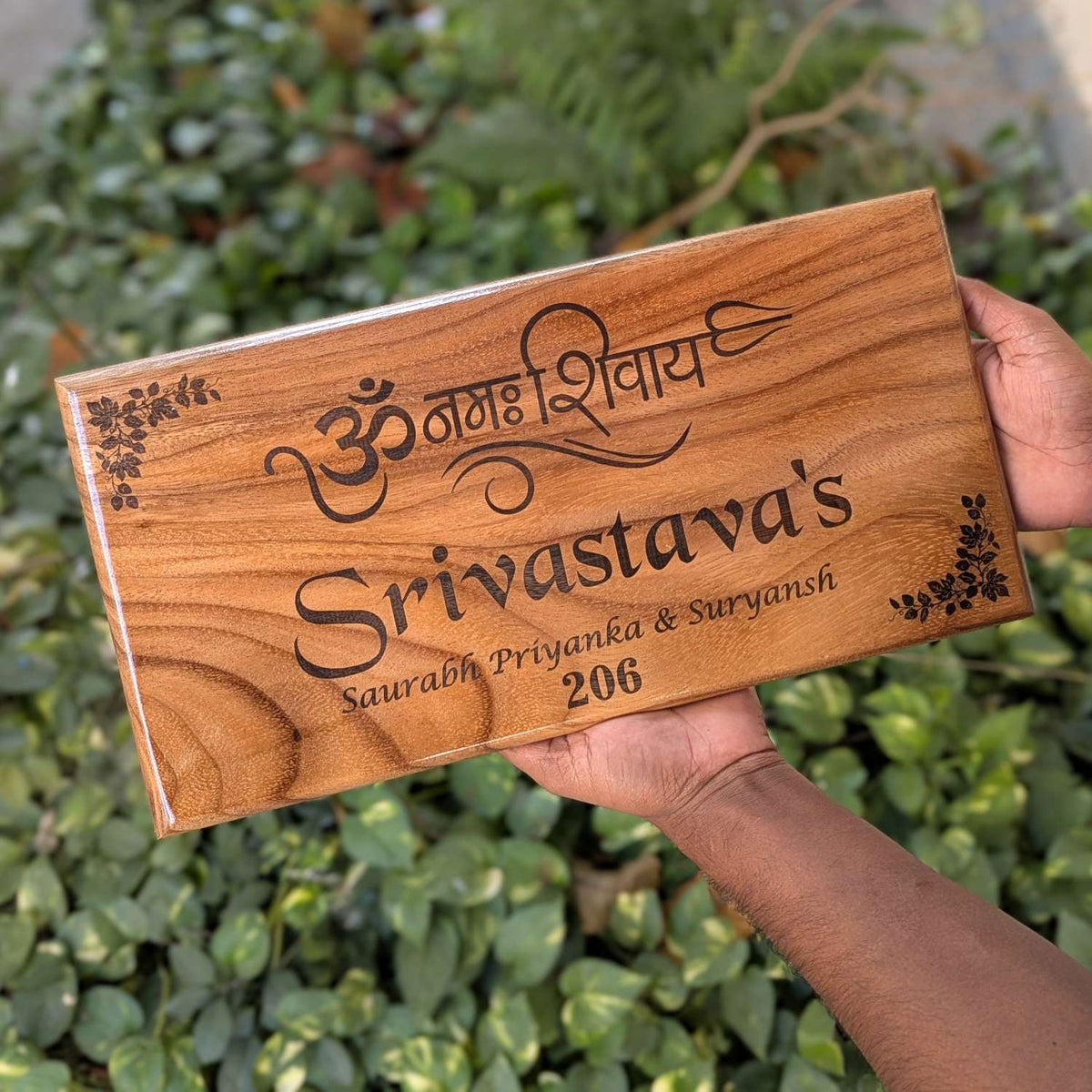 Luxury Teak Wood Engraved Wooden House Nameplate Designed for Premium Homes