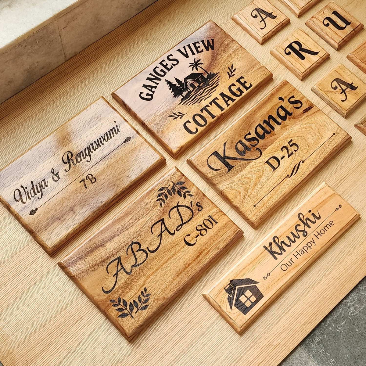 Luxury Teak Wood Engraved Wooden House Nameplate Designed for Premium Homes