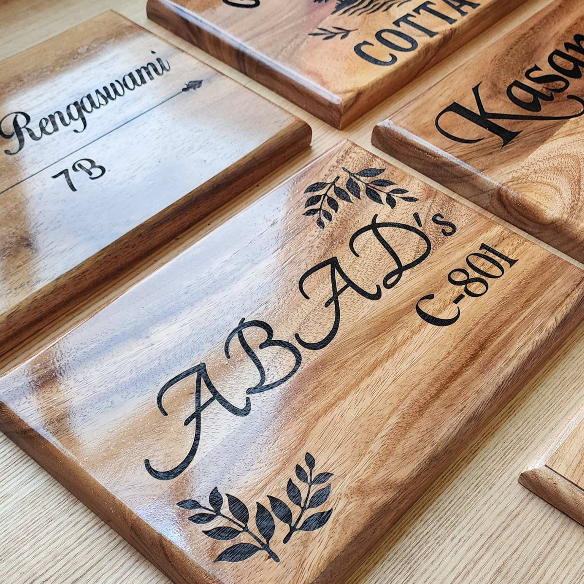 Luxury Teak Wood Engraved Wooden House Nameplate Designed for Premium Homes