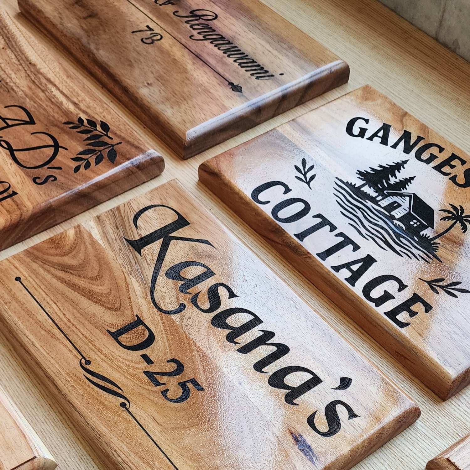 Luxury Teak Wood Engraved Wooden House Nameplate Designed for Premium Homes