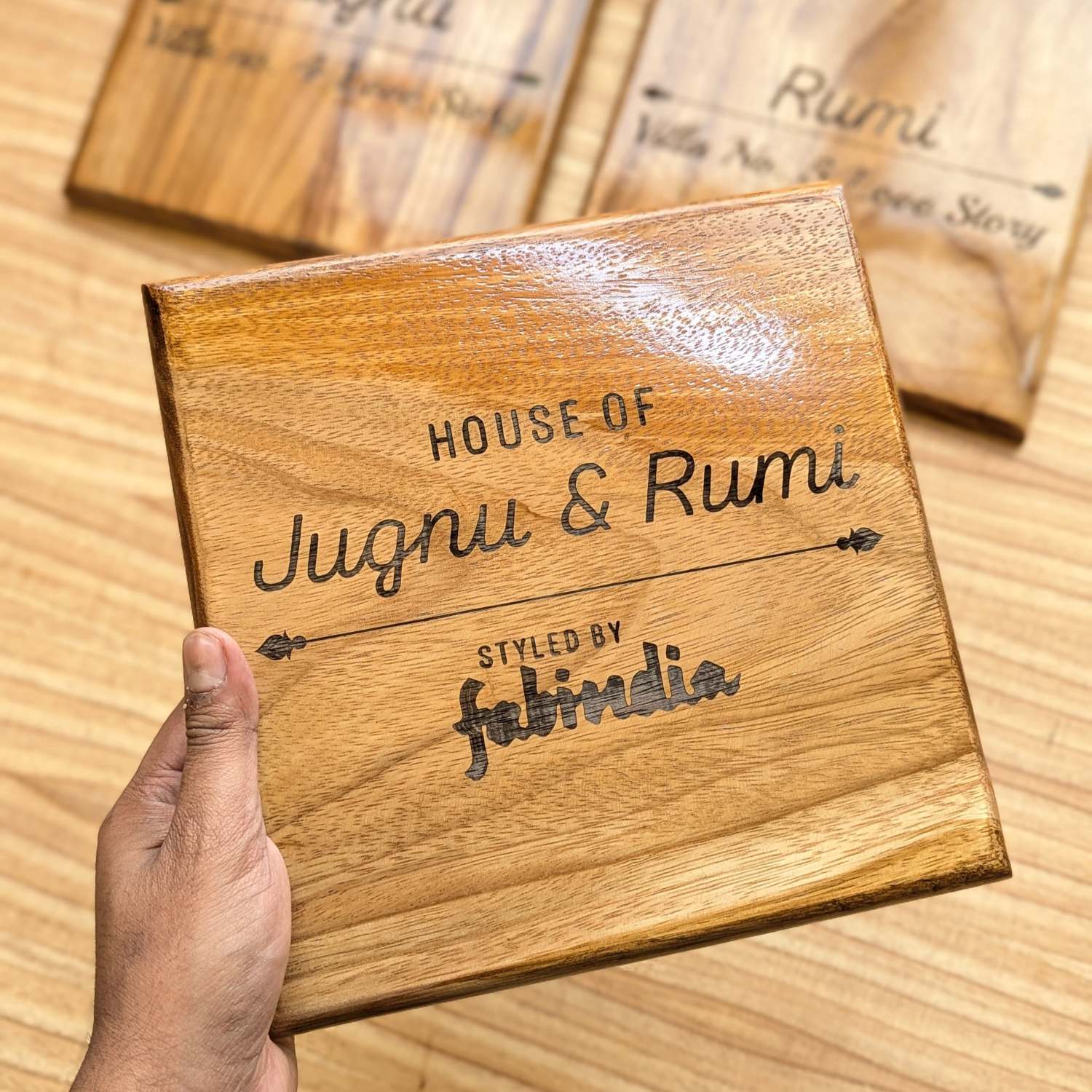 Premium Square Teak Wood Name Plate | Custom Office, Flat, or House Name Sign
