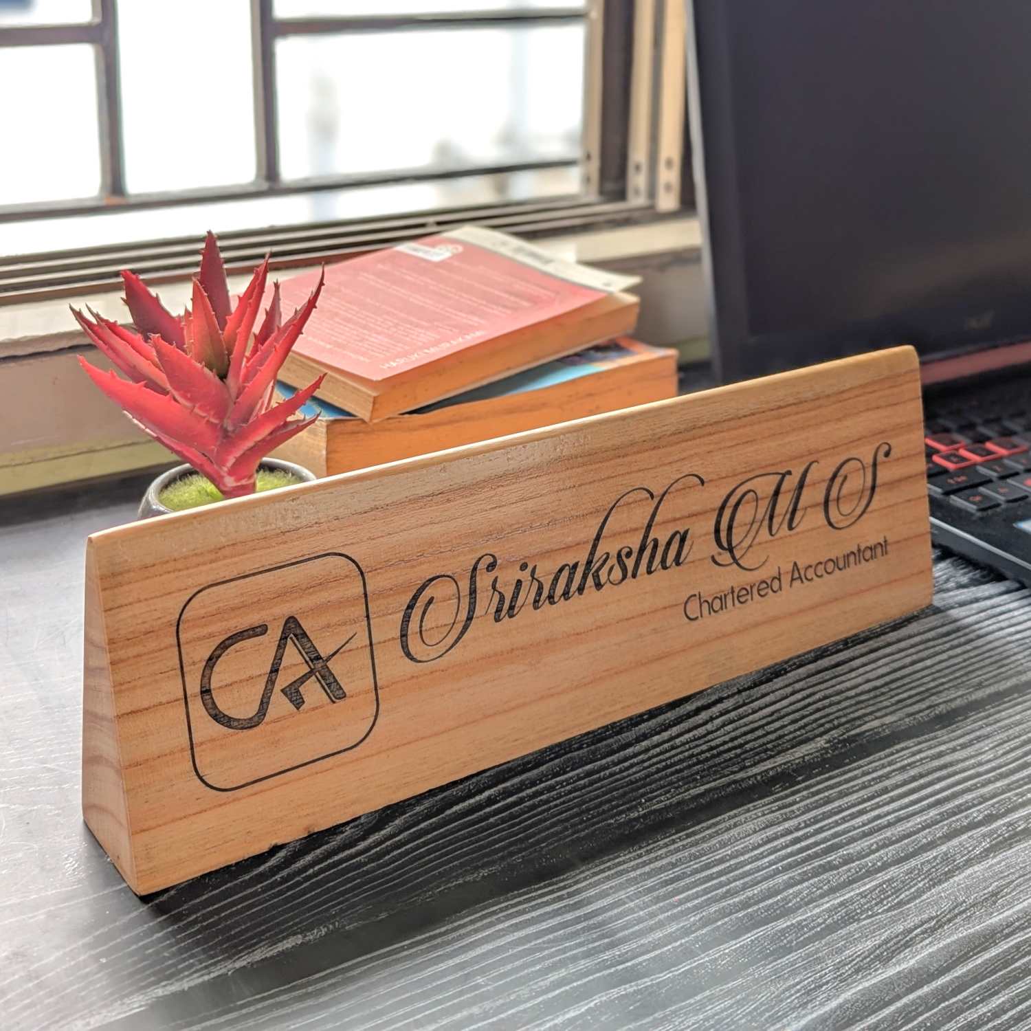 Professional Customized Triangular Desk Nameplate | Engraved with Logo & Designation