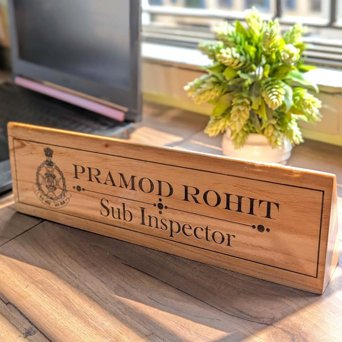 Professional Customized Triangular Desk Nameplate | Engraved with Logo &amp; Designation