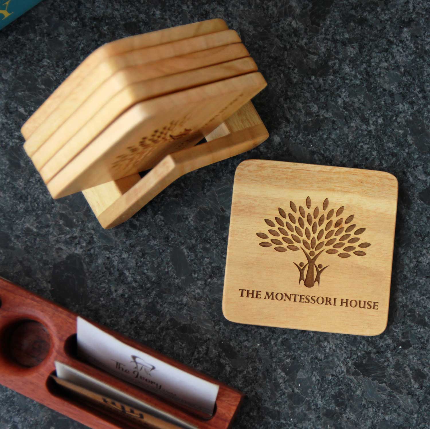 Office Coasters With Company Logo - Wooden Coaster Set With Holder