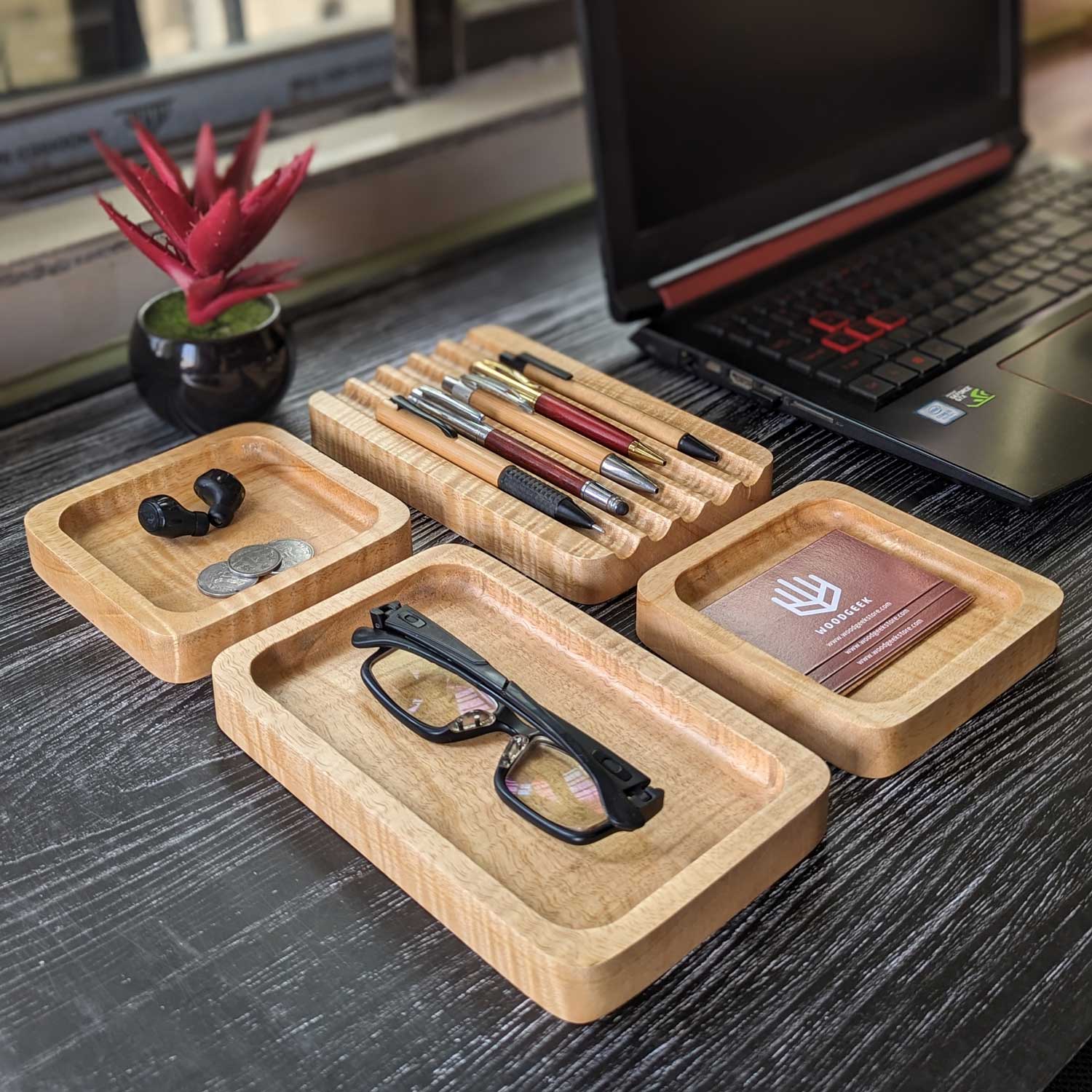 Woodgeek Modular Desk Organizer Set of 4 Wooden Trays