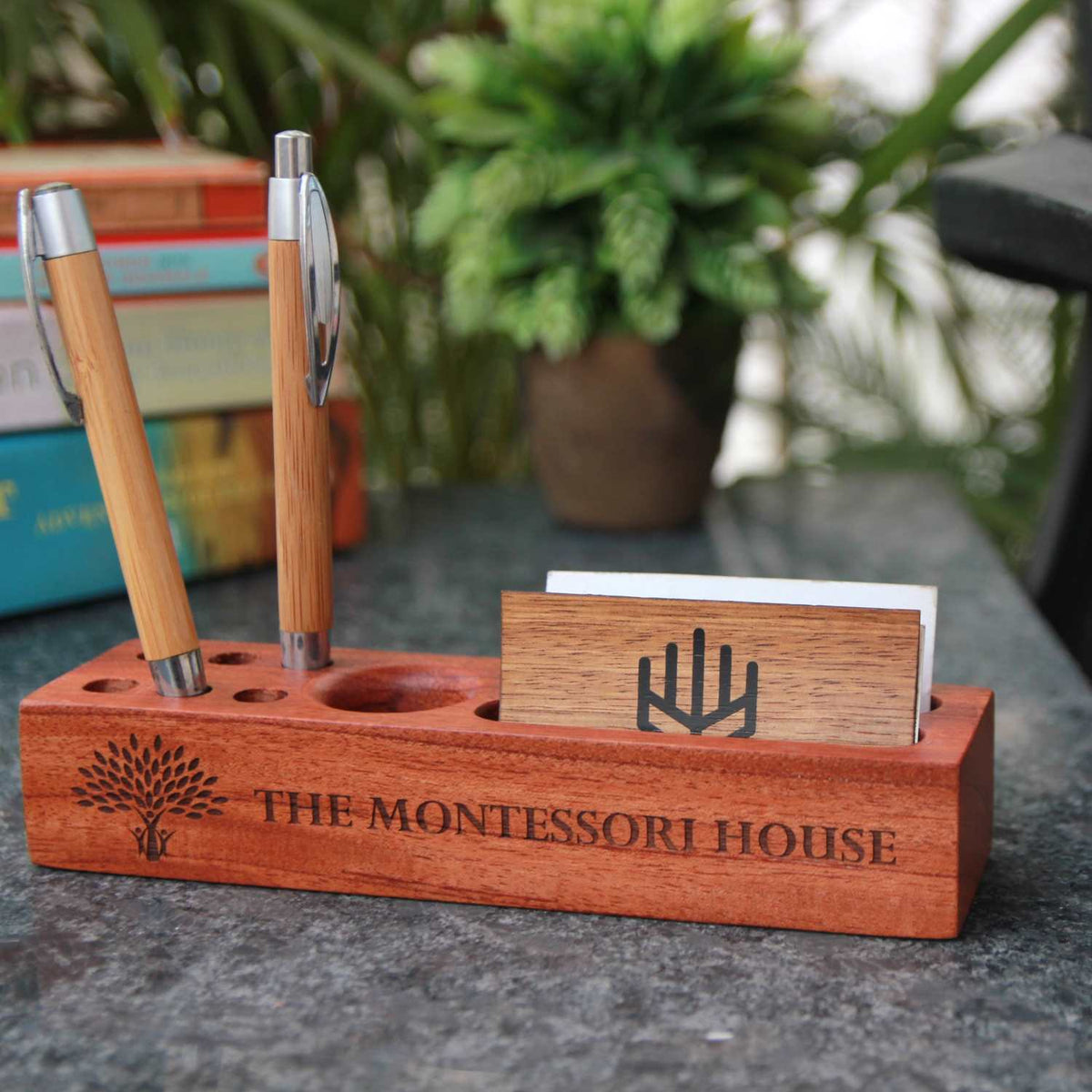 Wooden Table Organizer With Pen Stand &amp; Visiting Card Holder | Corporate Gifts