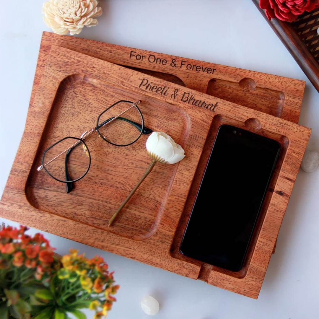 Wood Valet Tray &amp; Phone Tray With Charging Station