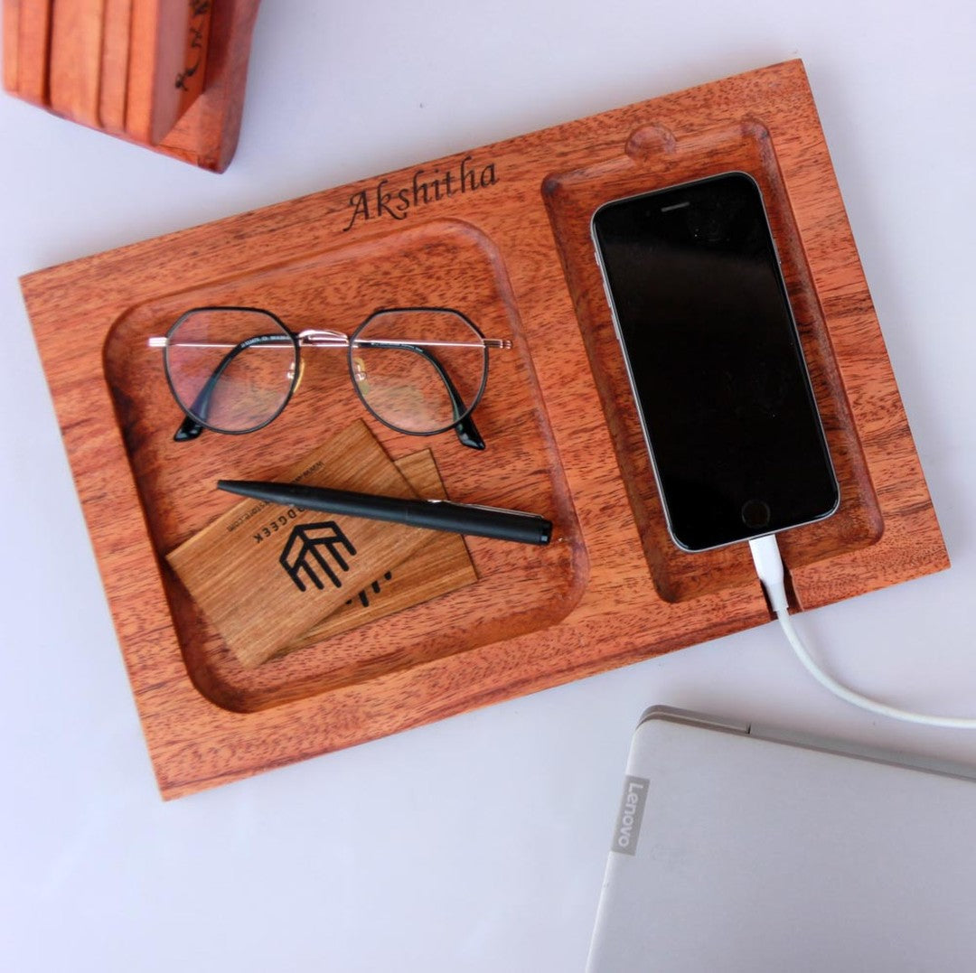 Wood Valet Tray & Phone Tray With Charging Station