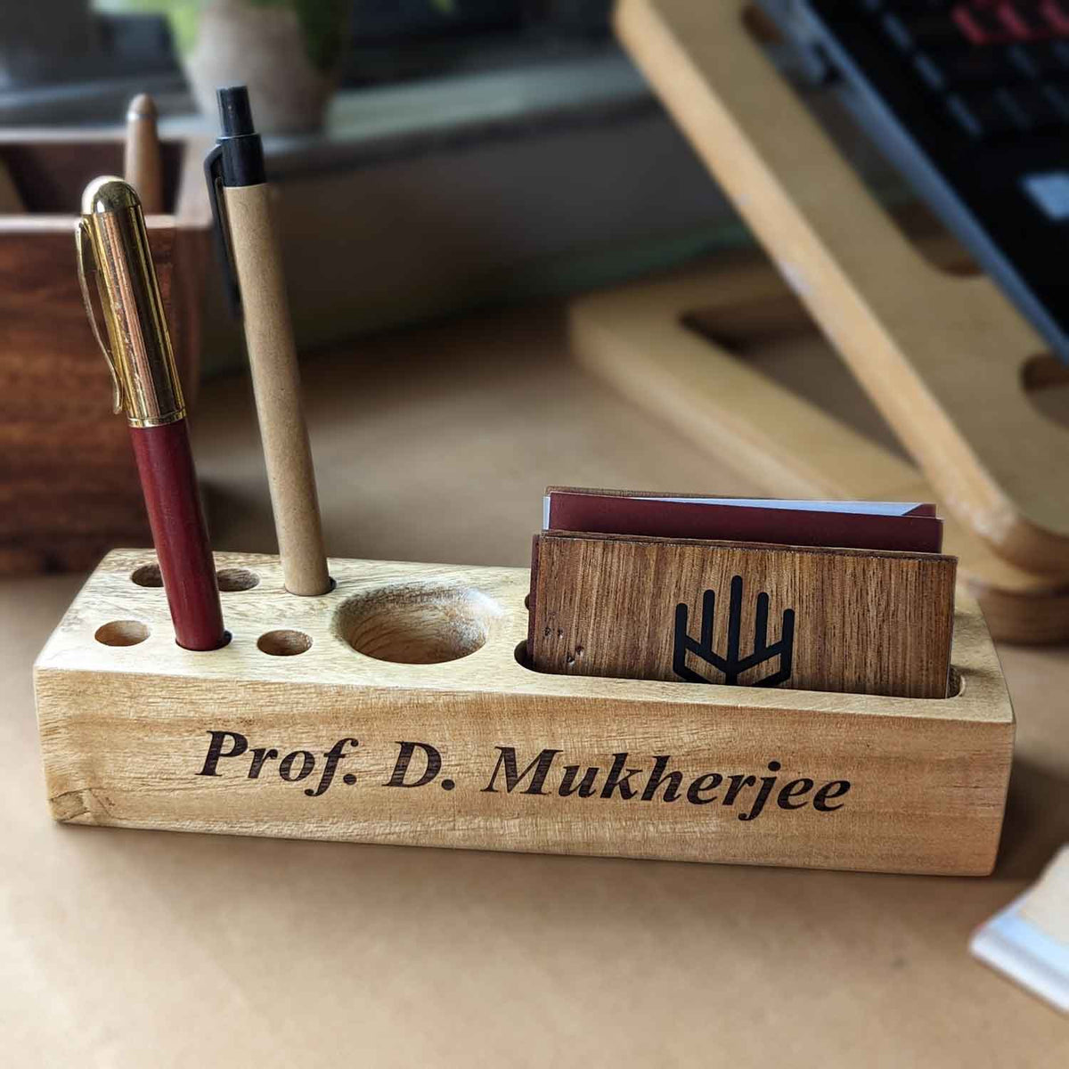 Wooden Table Organizer With Pen Stand &amp; Visiting Card Holder For Teacher