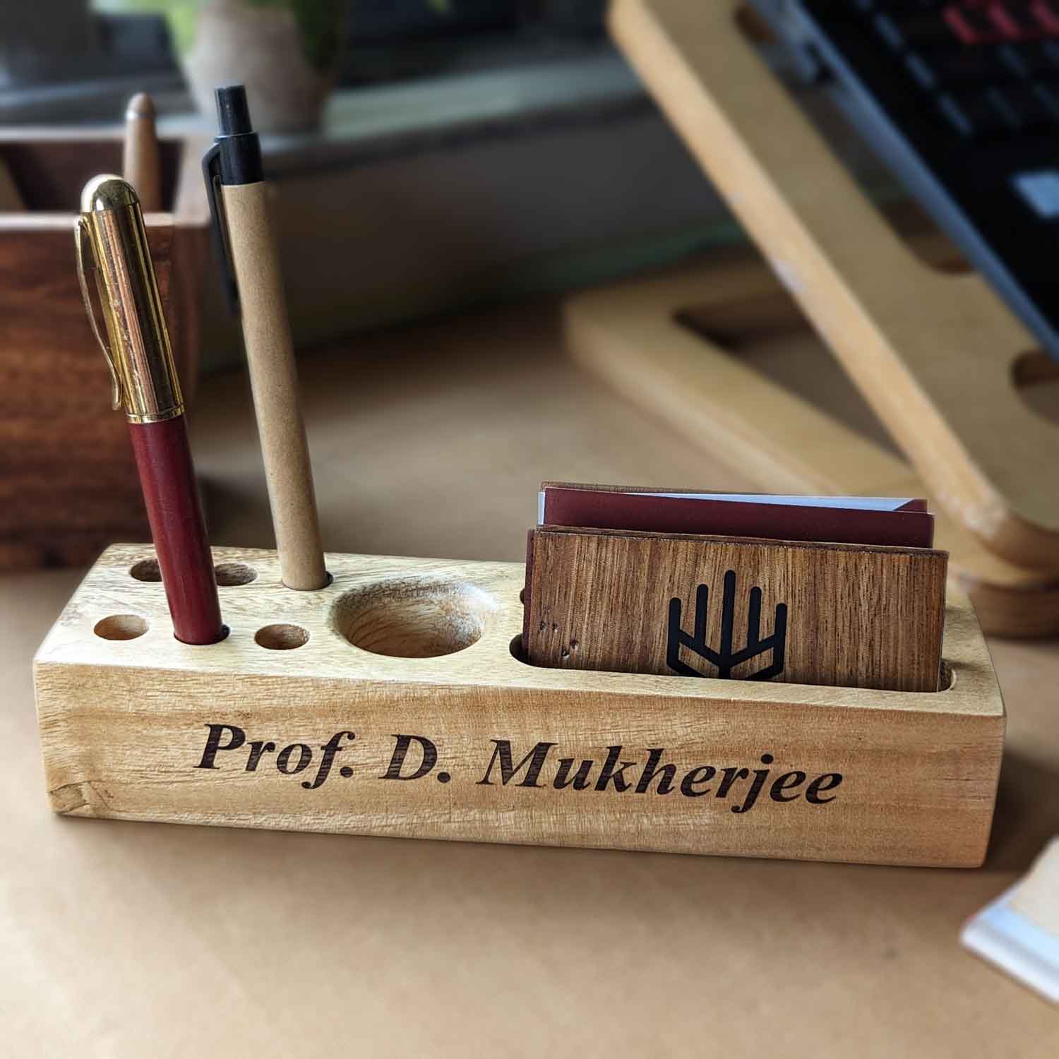 Wooden Table Organizer With Pen Stand & Visiting Card Holder For Teacher