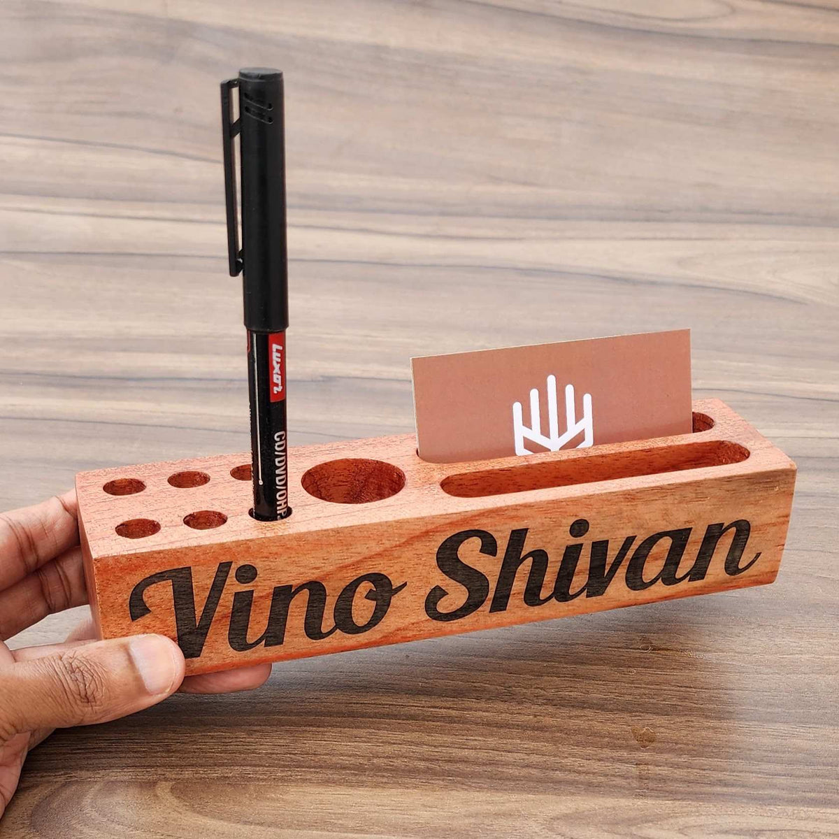 Wooden Table Organizer With Pen Stand &amp; Visiting Card Holder | Corporate Gifts