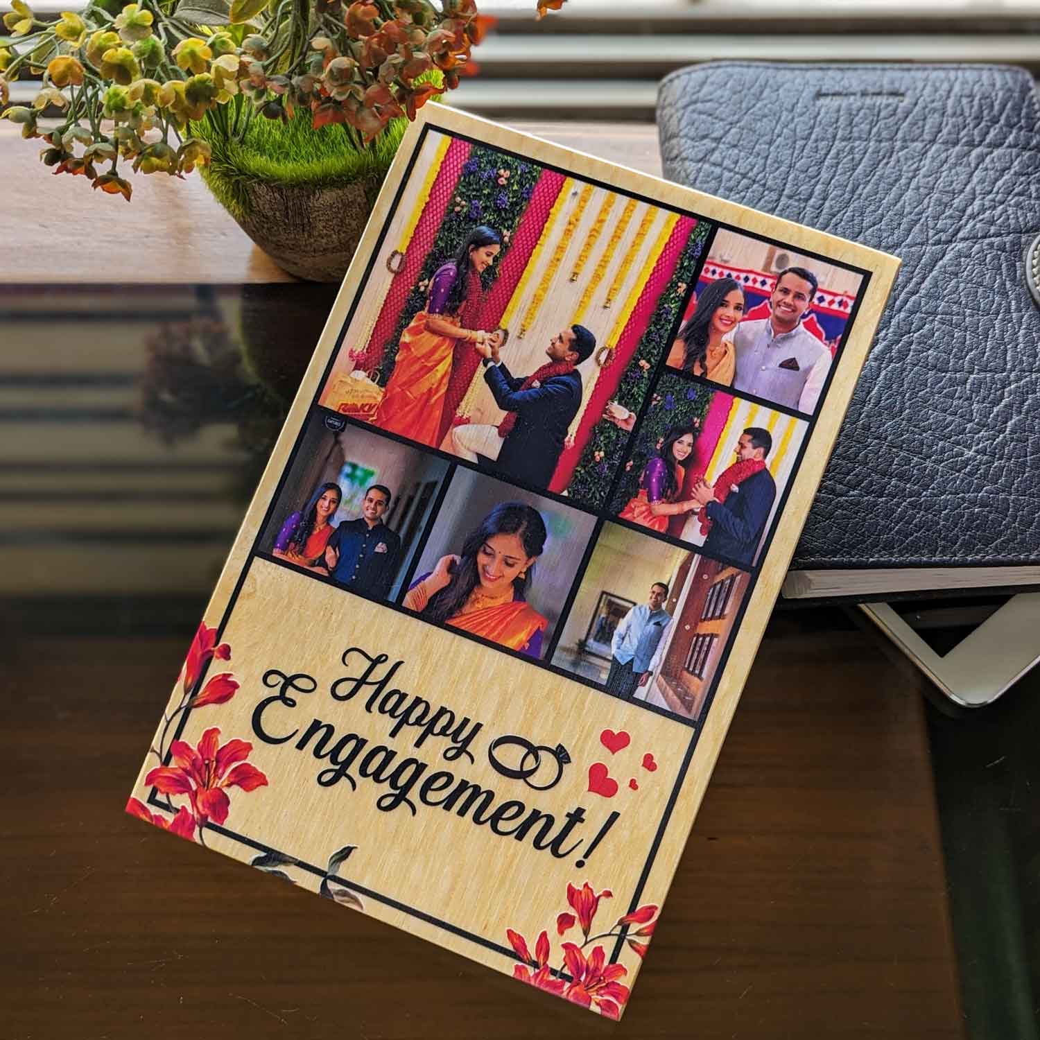 "Happy Engagement" Personalized Photo Collage Wooden Frame | Customizable Gift for Couples