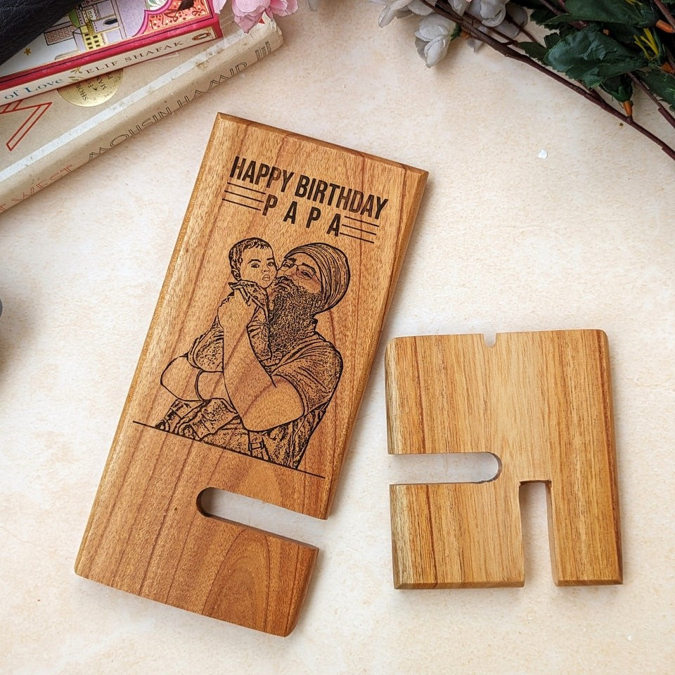 Engraved Wooden Mobile Phone Stand | Personalized Gift For Mom &amp; Dad