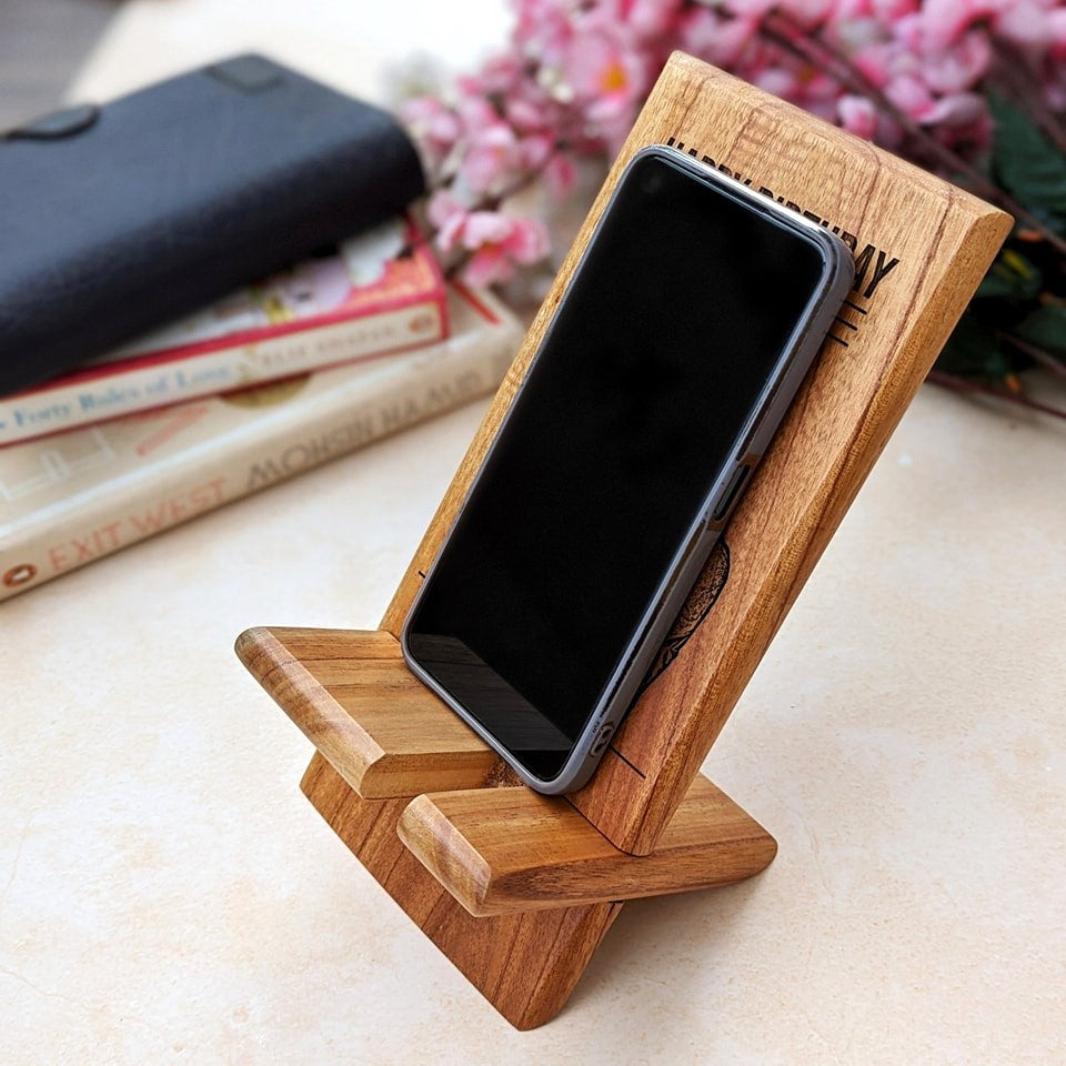 Engraved Wooden Mobile Phone Stand | Personalized Gift For Mom &amp; Dad