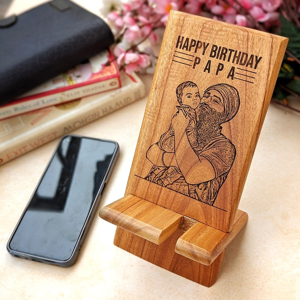 Engraved Wooden Mobile Phone Stand | Personalized Gift For Mom &amp; Dad