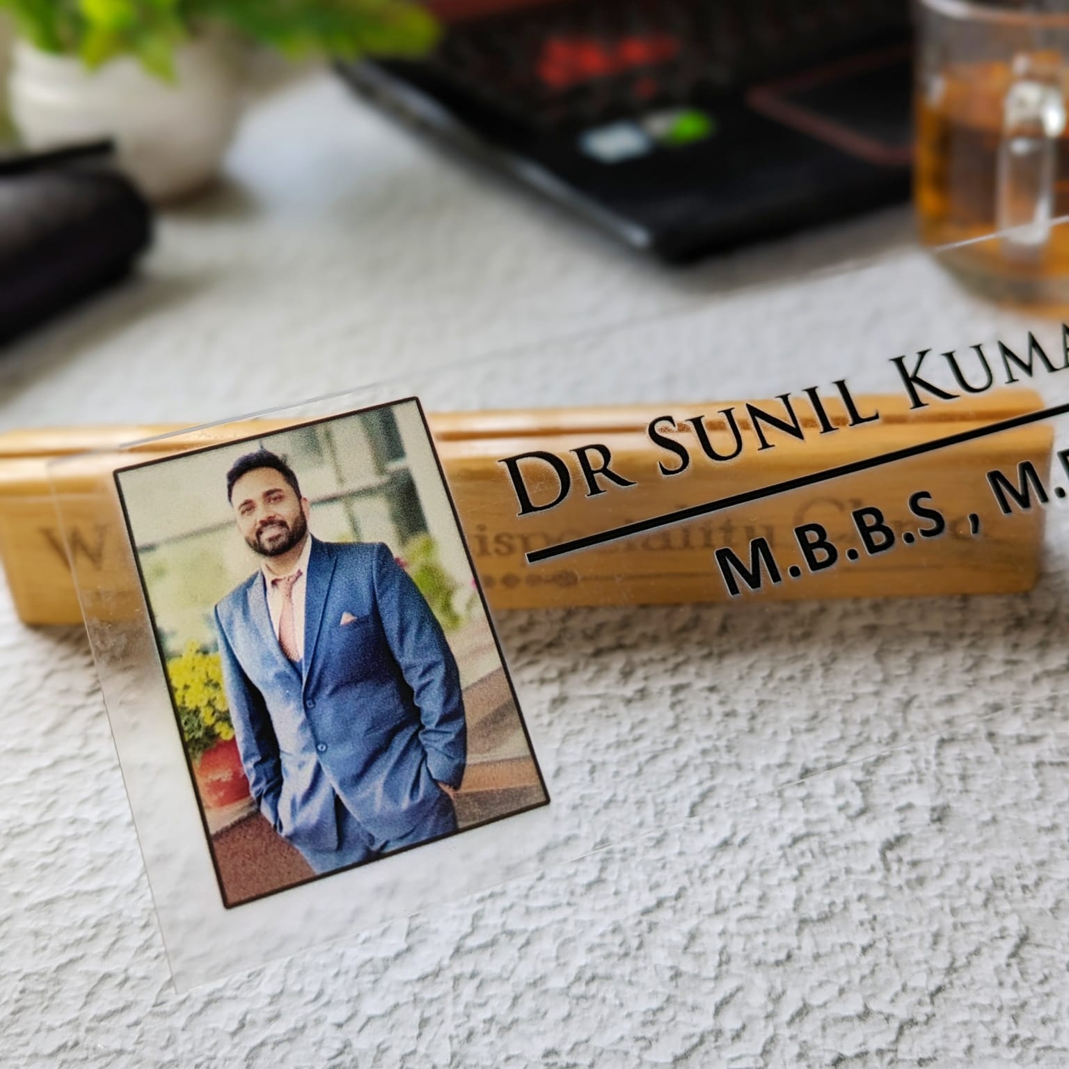 Wood Acrylic Nameplate With Photo & Designation