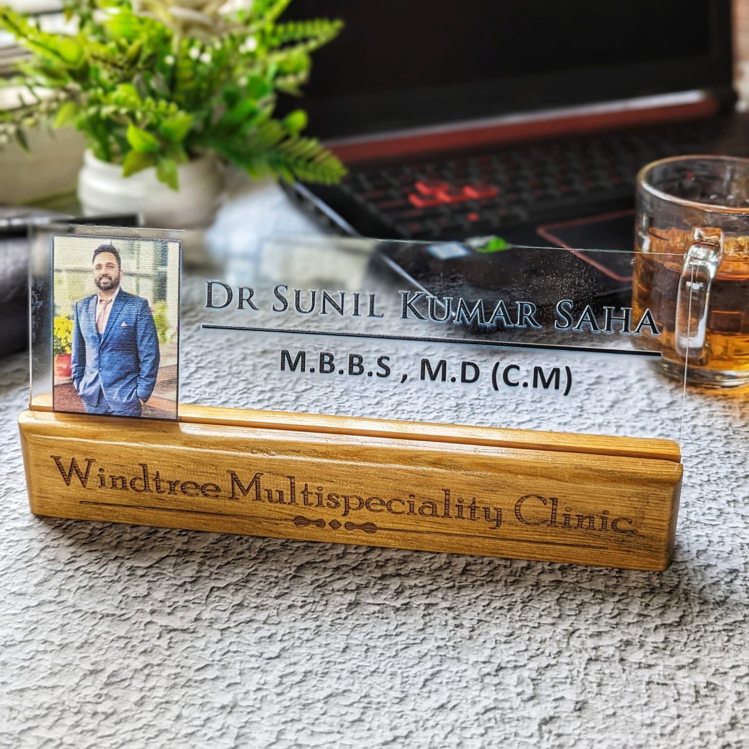 Wood Acrylic Nameplate With Photo & Designation