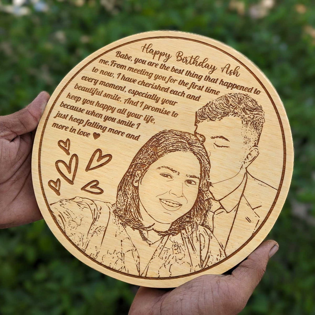 Happy Birthday Circular Wood Frame With Engraved Photo &amp; Message