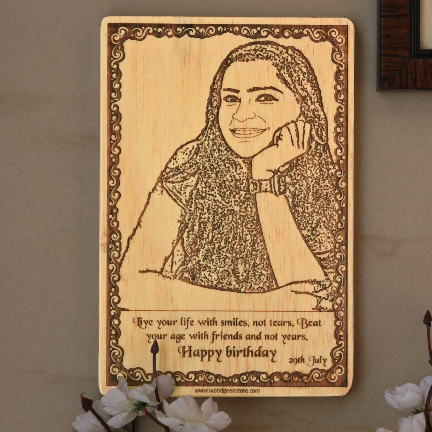 Live Life with Smiles & Friends Engraved Wooden Birthday Frame
