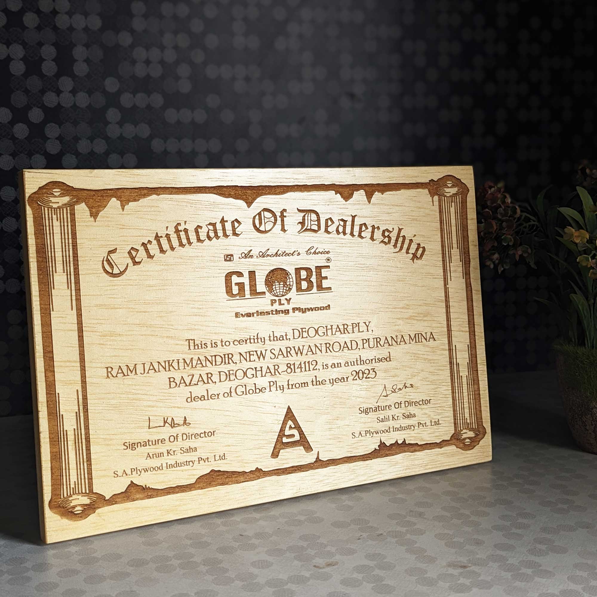 Wooden Certificate Of Dealership | Authorized Dealer Certificate