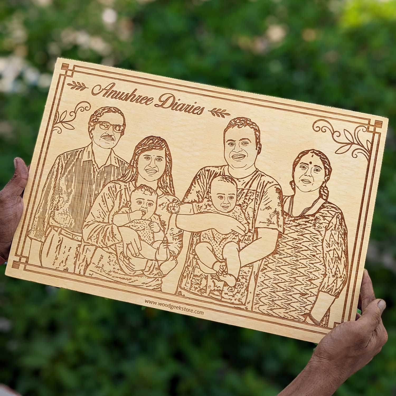 Family Engraved Portrait on Wooden Frame | Custom Group Photo