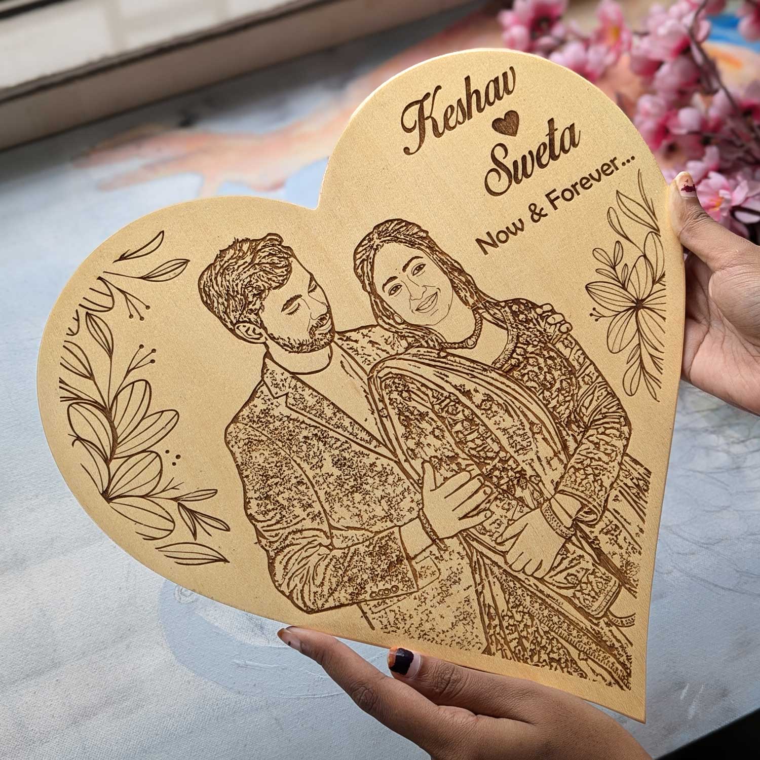 Now & Forever Heart Shaped Wood Frame With Engraved Photo & Message